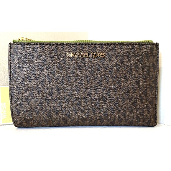 New Michael Kors Jet Set Travel Double zip wristlet wallet PVC Brown / Evergreen - Picture 1 of 6